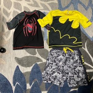 3 Boy’s Rashguards & 2 Swim trunks, Batman & Spiderman, Size Small & Med